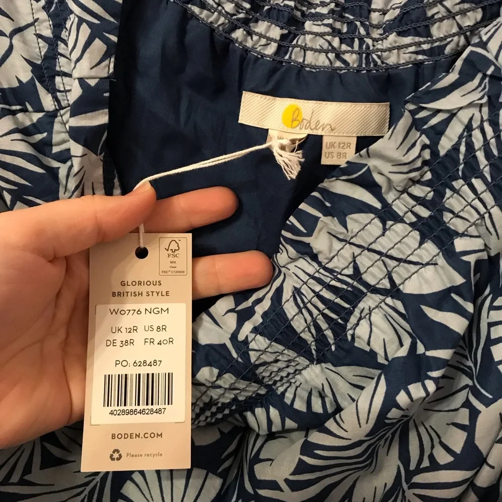 BODEN Blue Rosalind Palm Off-The-Shoulder Dress size 8 - Picture 2 of 4